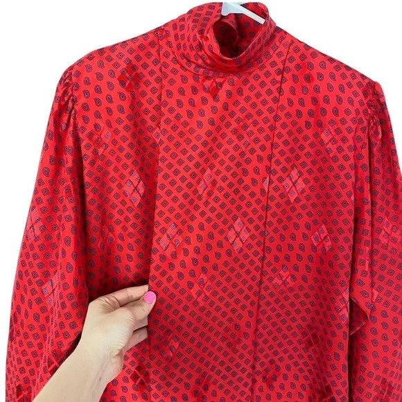 Vintage 90s Satin Mock Neck Blouse Shirt Womens Size Large Red Geometric Paisley - Picture 4 of 10
